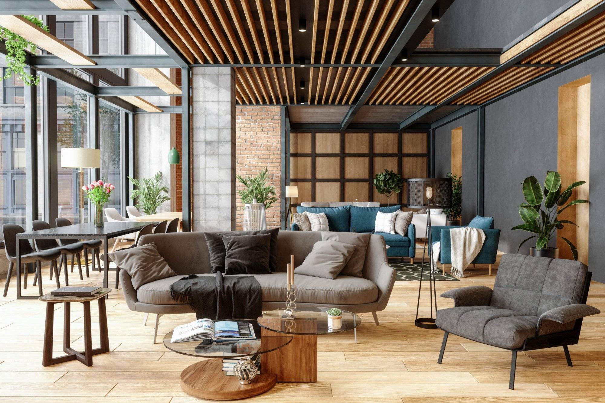 Furniture Showroom With Plants, Spotlights And Brick Wall Furniture Showroom With Plants, Spotlights And Brick Wall